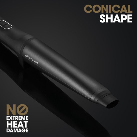 Detail van de conische vorm van de zwarte ghd Chronos Curve krultang. Tekst 'conical shape' en 'no extreme heat damage'.