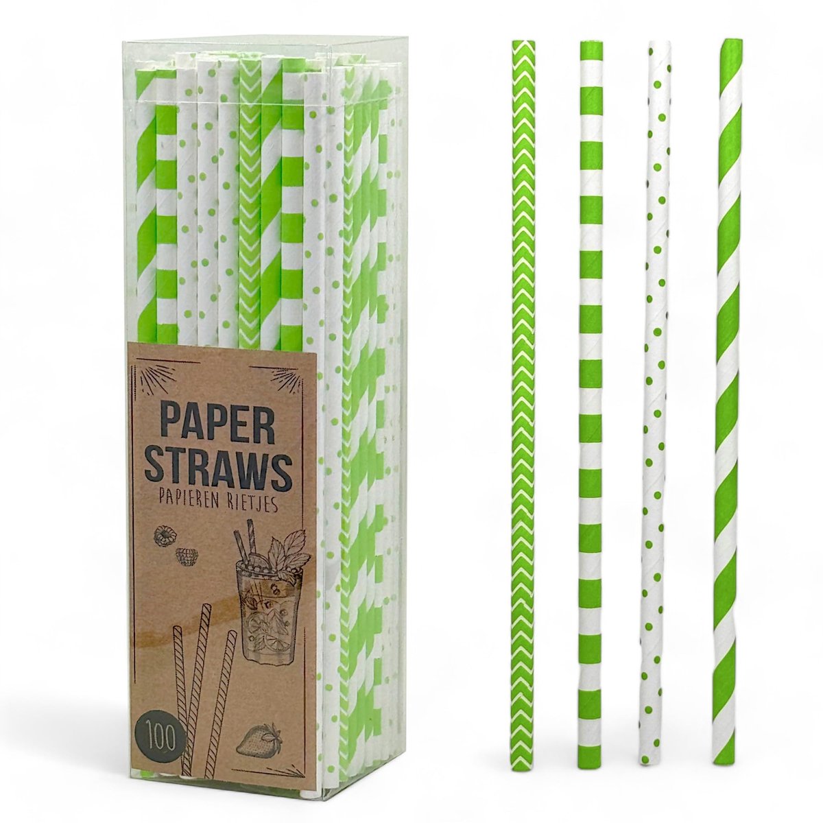 Papieren Drinkrietjes - Milieu-vriendelijk - Biologisch afbreekbaar - Dots en Strepen - Pack van 100
