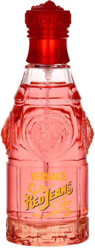 Transparante fles eau de toilette Red Jeans Woman van Versace. De fles is gevuld met roze vloeistof.