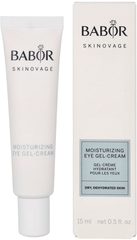 Babor Skinovage Moisturizing Eye Gel-Cream met witte tube en doosje met blauwe tekst.