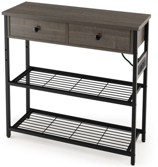 Foto: Rustieke inkomtafel met laadstation smalle console met 2 lades 2 planken in hout grijs draadgaas