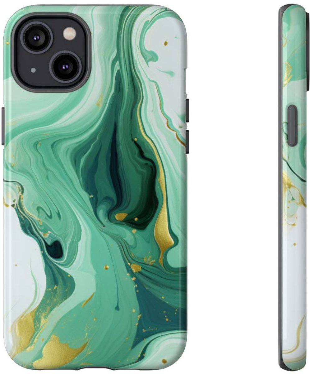 Groen-Gouden Marmerwerveling – Telefoonhoesje Geschikt voor iPhone 14 Plus
