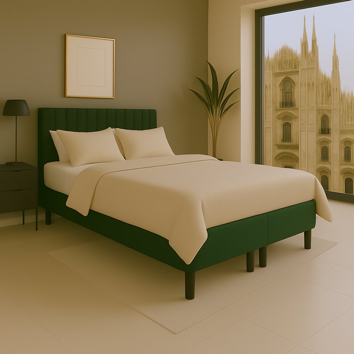 Boxspring vlak Milano 140x220 cm Luxe Pocketvering Stof donkergroen Gratis 2x Hoofdkussens