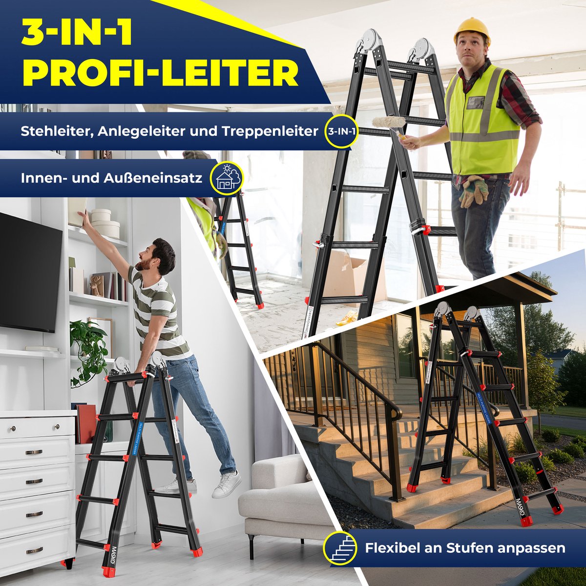 MASKO Aluminium Multi-Purpose Ladder 5.1 m 4x5 Sports Telescopic Ladder, Folding Ladder, Single Ladder, Scraping Ladder, Extendable Ladder, Double-Sided Staircase and Stepladder