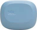 Gesloten lichtblauw laadstation voor JBL Sense Lite oordopjes met JBL logo.