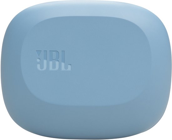 Gesloten lichtblauw laadstation voor JBL Sense Lite oordopjes met JBL logo.
