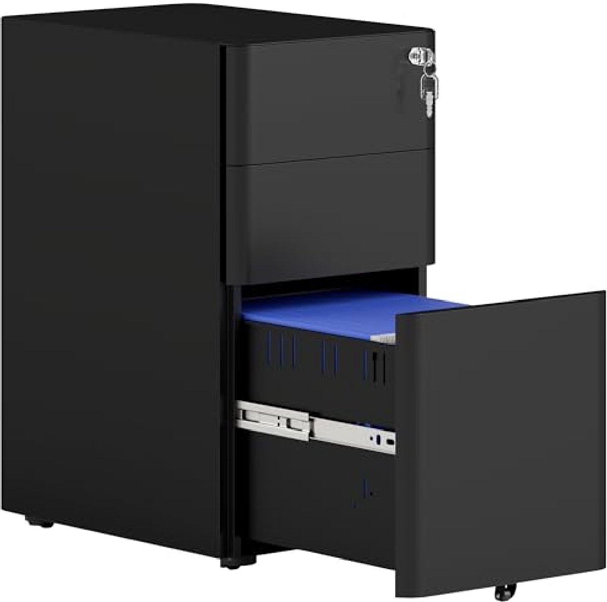 Mobiele archiefkast met 3 lades en afsluitbaar slot, metalen design, voor A4 documenten en hangmappen - Onder bureau met wielen