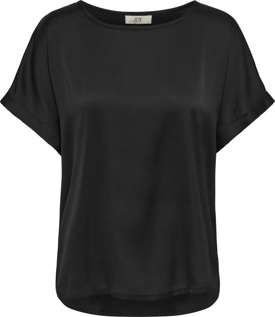 Zwarte dames T-shirt met korte, omgeslagen mouwen en een satijnen rand. Merk: JDY.