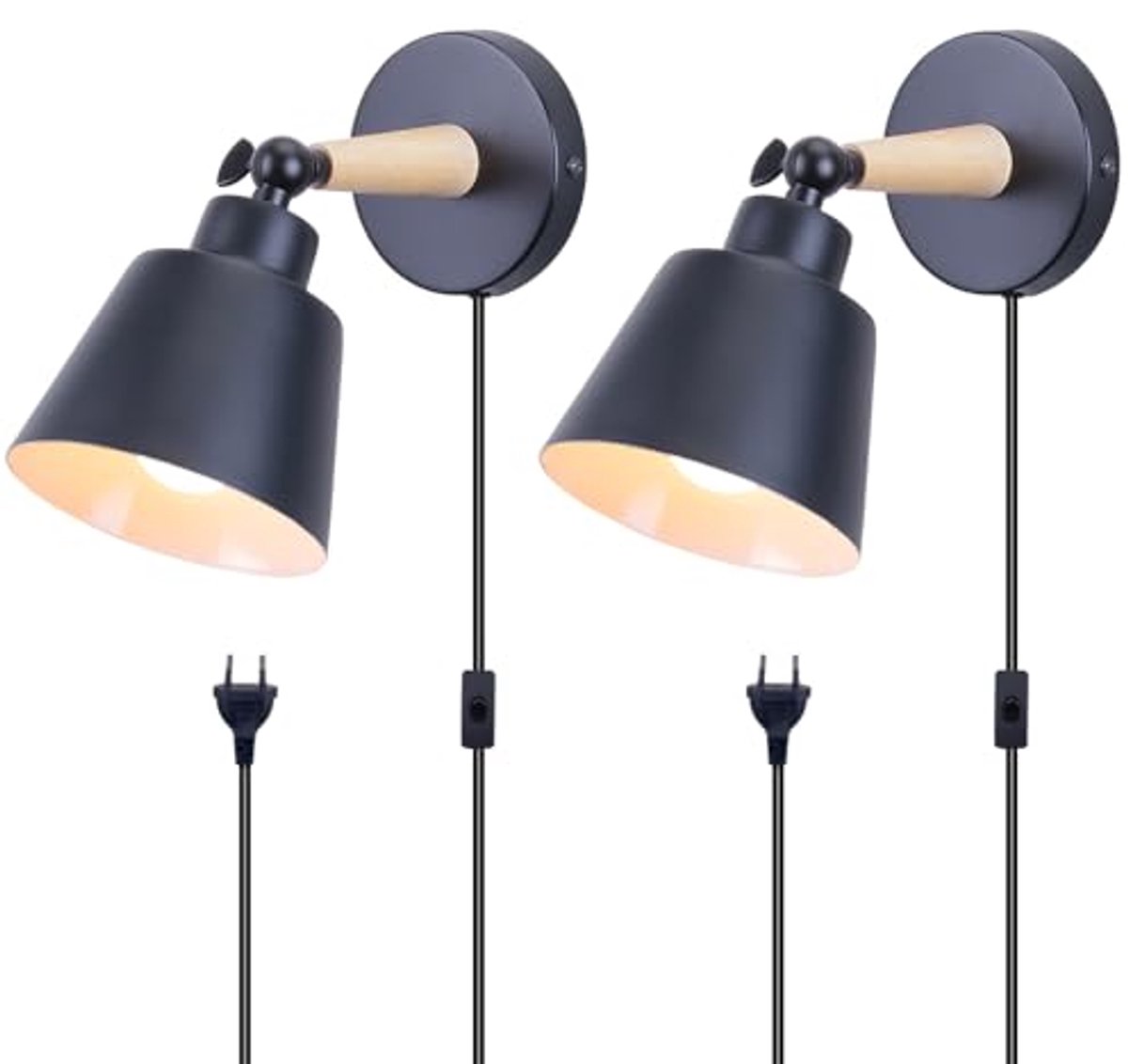 Moderne wandlampen van metaal en hout voor binnen, E27-fitting verstelbare wandverlichting (2 stuks)