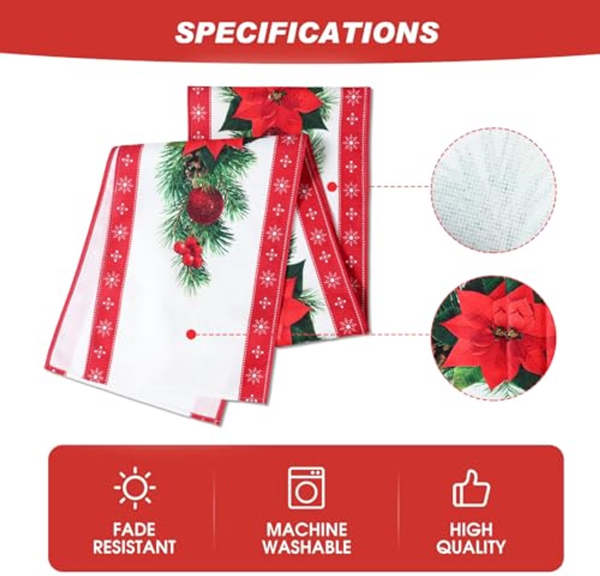 Kerst Tafelloper met Rode Bloem en Klokken Print