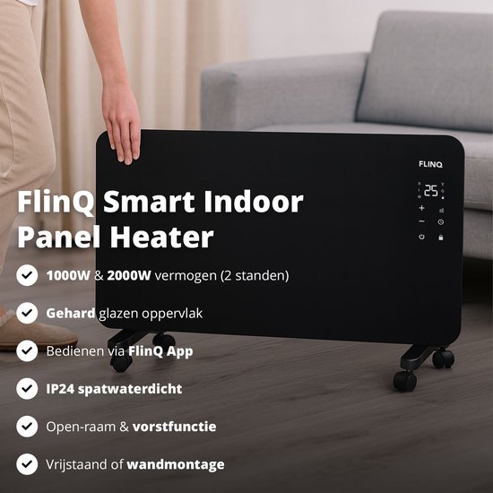 Zwarte FlinQ slimme paneelverwarmer met wielen, bediend via app.