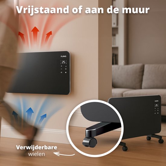 Zwarte FlinQ convectorkachel vrijstaand en aan de muur gemonteerd, met verwarmingspijlen.