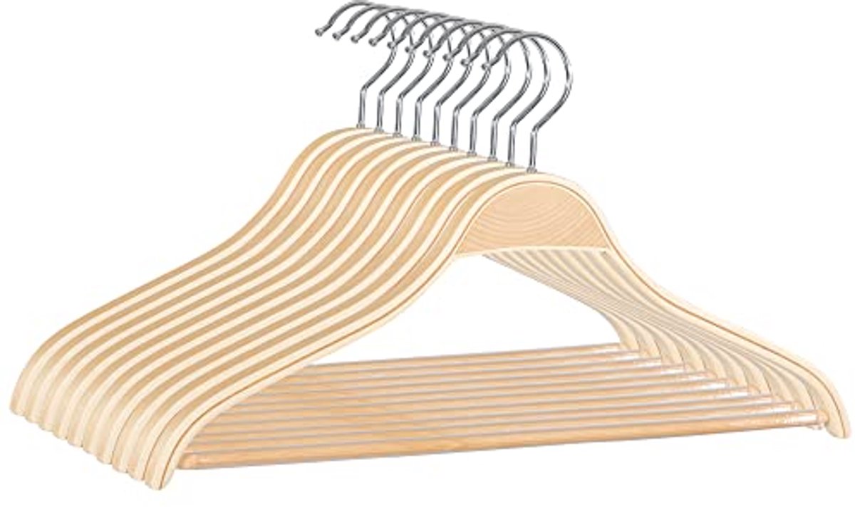 Lichte houten kleerhangers 10 stuks met antislip broekstang en natuurlijke afwerking