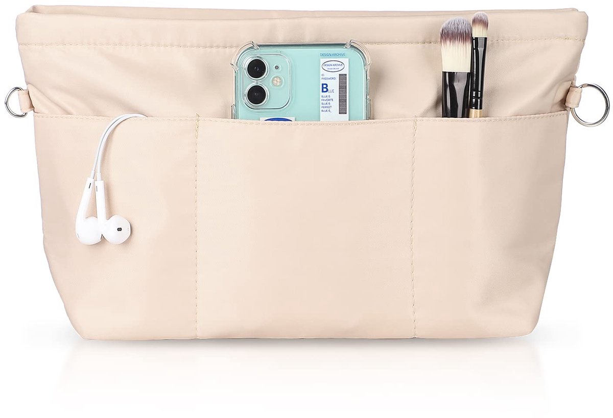 longziming -Make-uptas Organizer – 13 Vakken – Waterdicht Nylon – Lichtgewicht & Duurzaam – 28.5×11×20.5 cm – Beige – 1 Stuk
