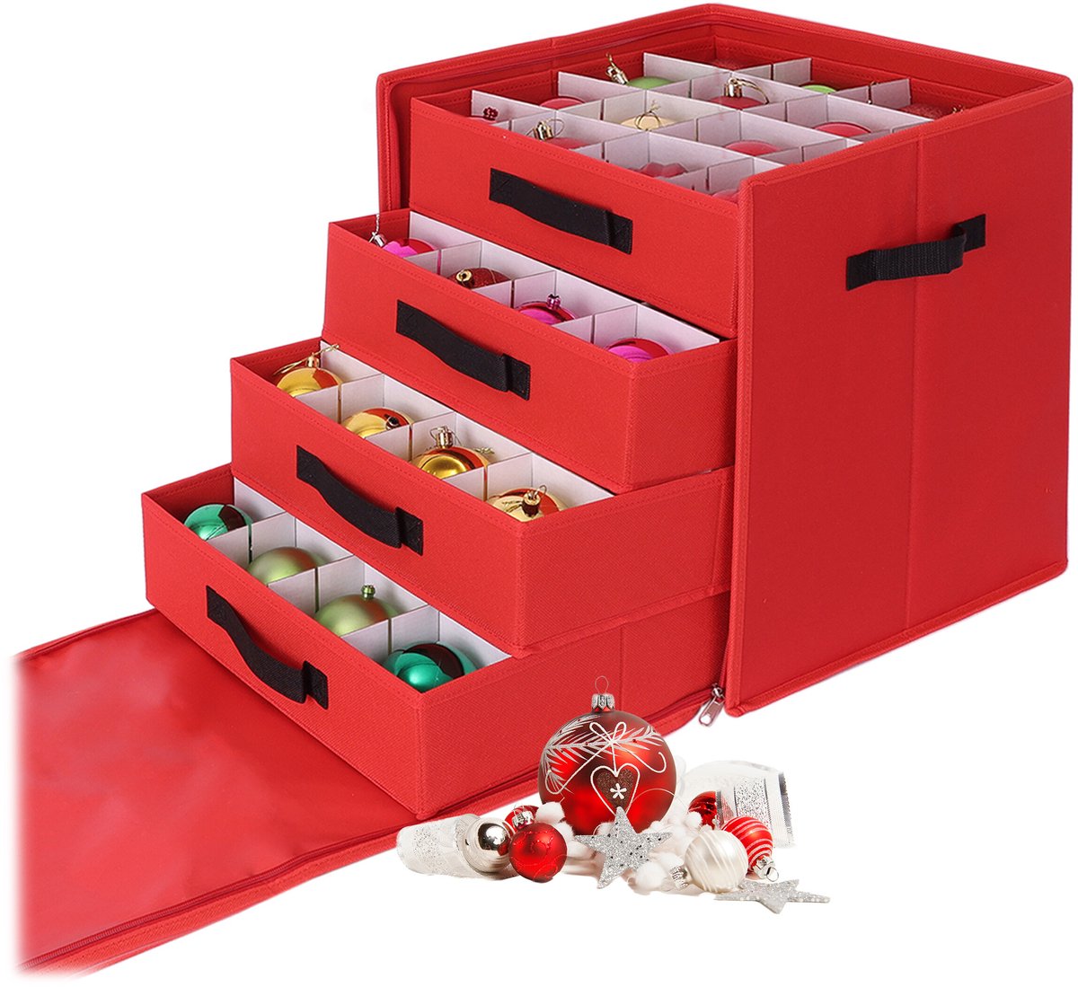 Kerstballen opbergbox - voor 64 ballen - met lades - rood