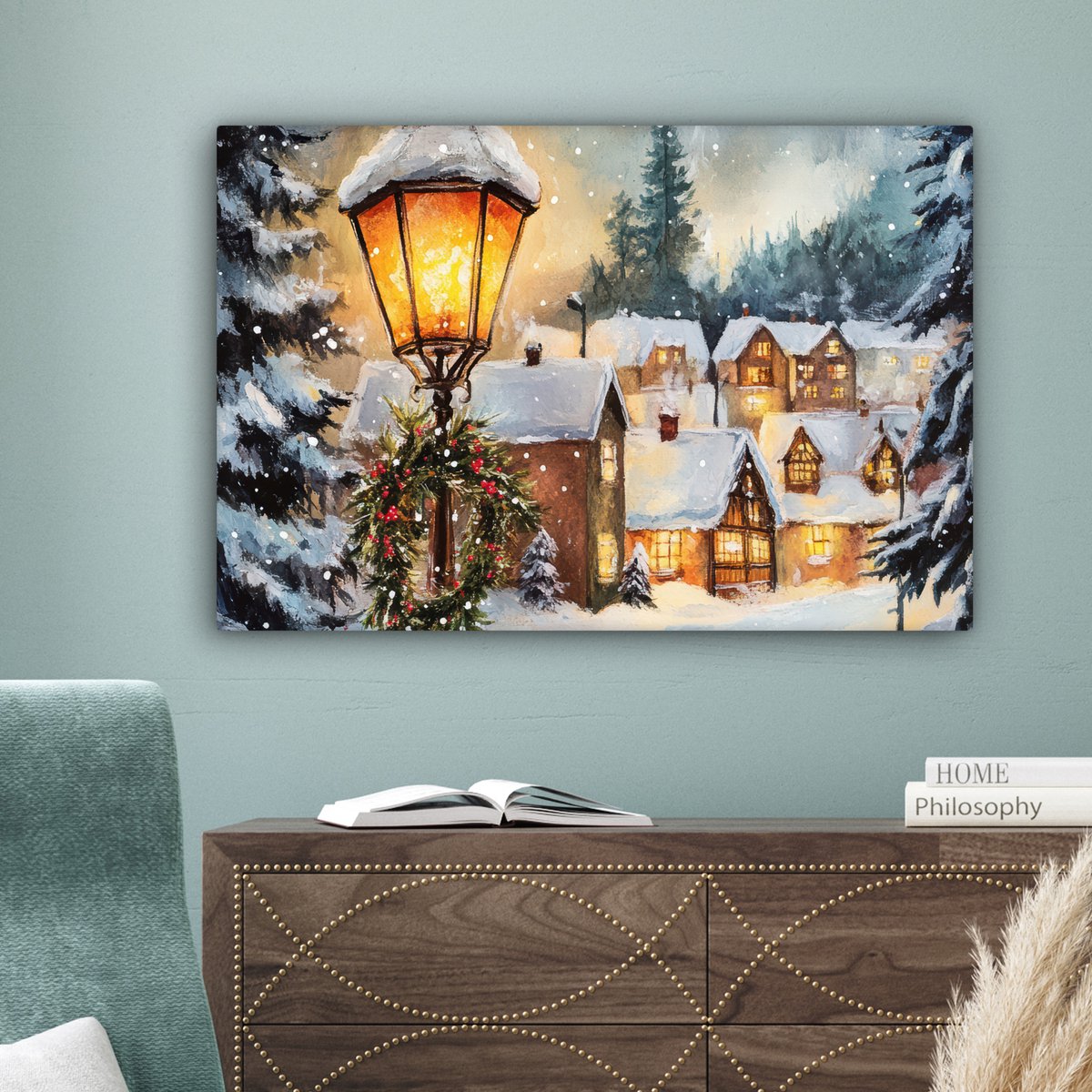 Canvas schilderij 90x60 cm - Wanddecoratie Kerstdorp - Huizen - Sneeuw - Kerst - Muurdecoratie woonkamer - Slaapkamer decoratie - Kamer accessoires - Schilderijen op canvas - Kerstdecoratie voor binnen - Kerstversiering - Kerstmis versiering – foto 3