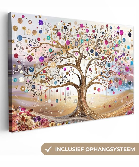 Gouden levensboom met veelkleurige ballen en hangers op een abstracte achtergrond, inclusief ophangsysteem.