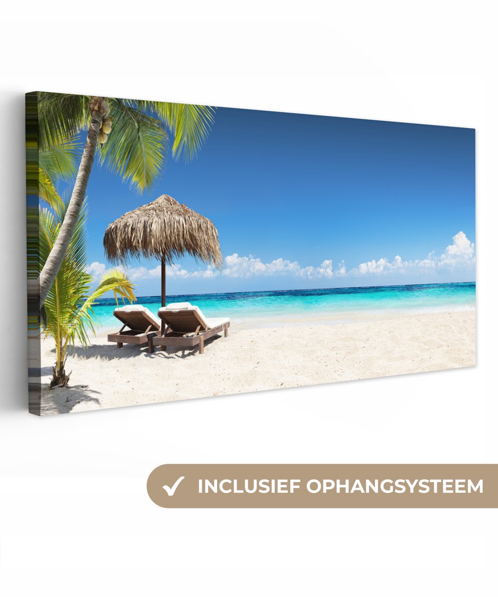 Canvas schilderij 100x50 cm - Wanddecoratie Strand - Parasol - Zee - Muurdecoratie woonkam