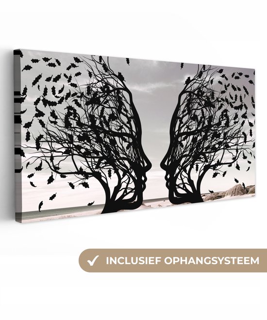 Canvas schilderij 300x140 cm - Wanddecoratie Bomen - Gezicht - Bladeren - Moderne kunst - Muurdecoratie woonkamer - Kamer decoratie modern - Abstracte schilderijen