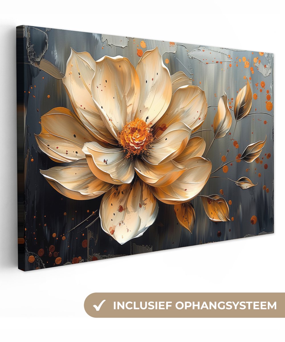 Canvas schilderij 90x60 cm - Wanddecoratie Bloemen - Goud - Kunst - Zwart - Modern - Muurdecoratie woonkamer - Kamer decoratie modern - Abstracte schilderijen