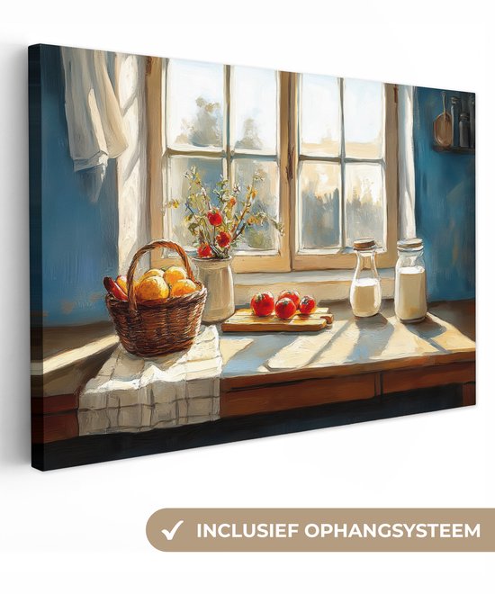 Schilderij van een stilleven met fruit en groenten bij een raam, zwevend aan een muur.