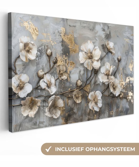 Canvas schilderij 120x80 cm - Wanddecoratie Bloemen - Wit - Grijs - Goud - Luxe - Muurdecoratie woonkamer - Slaapkamer decoratie - Kamer accessoires - Schilderijen op canvas
