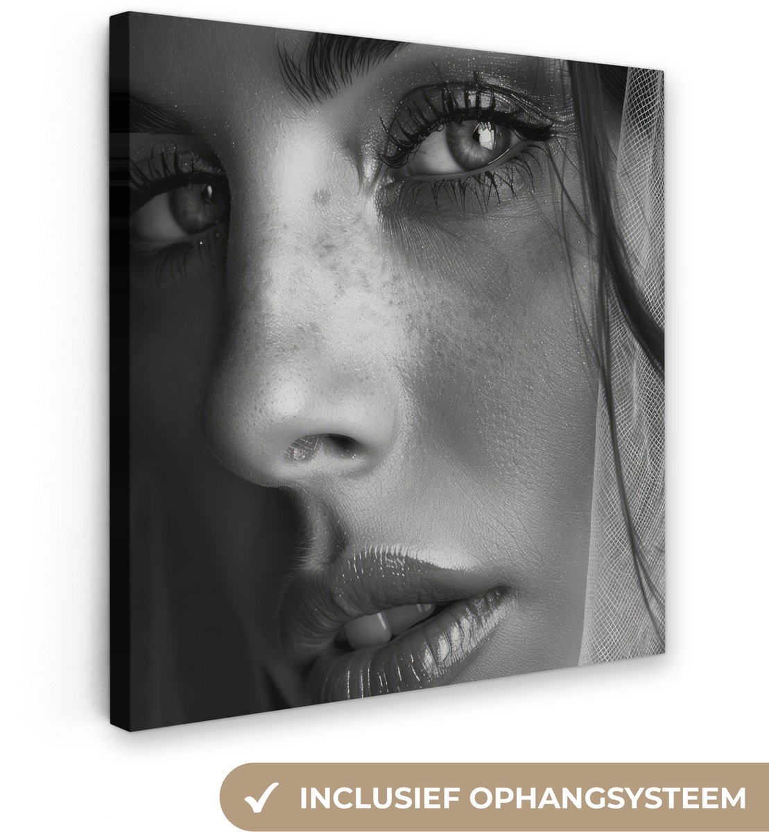 Canvas schilderij 20x20 cm - Wanddecoratie badkamer Vrouw - Portret - Zwart wit - Vintage