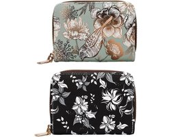 Allecto plus - Set van 2 bloemenmuntportemonnees en ID-certificaattassen voor vrouwen, zwart - Eén maat met kaartclip en opbergtas voor op reis