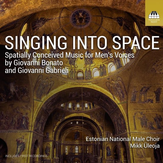 Albumhoes 'Singing Into Space' met een gouden mozaïekplafond, "SINGING INTO SPACE" in witte letters.