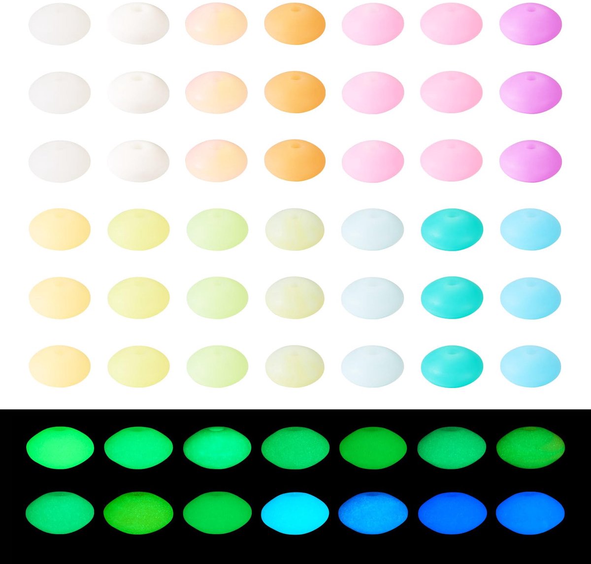 140Pcs Glow in The Dark Silicone Beads Luminous Silicone Focal Beads Soft Rubber Rondelle Spacer Beads for Lanyards Bracelet Jewelry Making 12x6.5mm