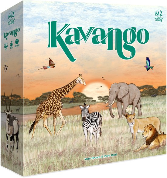Kavango bordspel met giraf, olifant, zebra, leeuw, oryx, meerkat en twee vogels in Afrikaanse savanne bij zonsondergang.