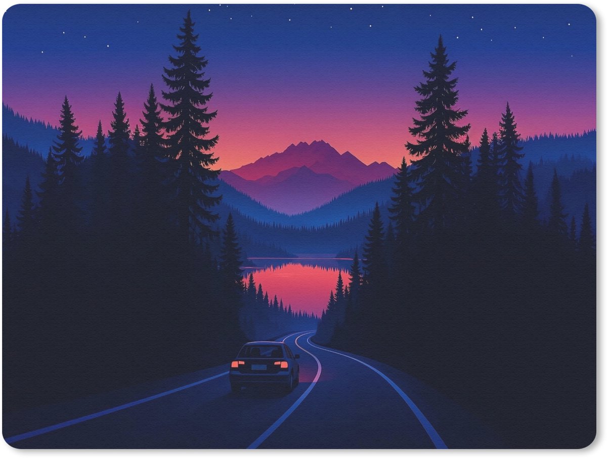 Muismat 23x19 cm - Mousepad Auto - Donkere dennenbomen - Zonsondergang - Muismatten