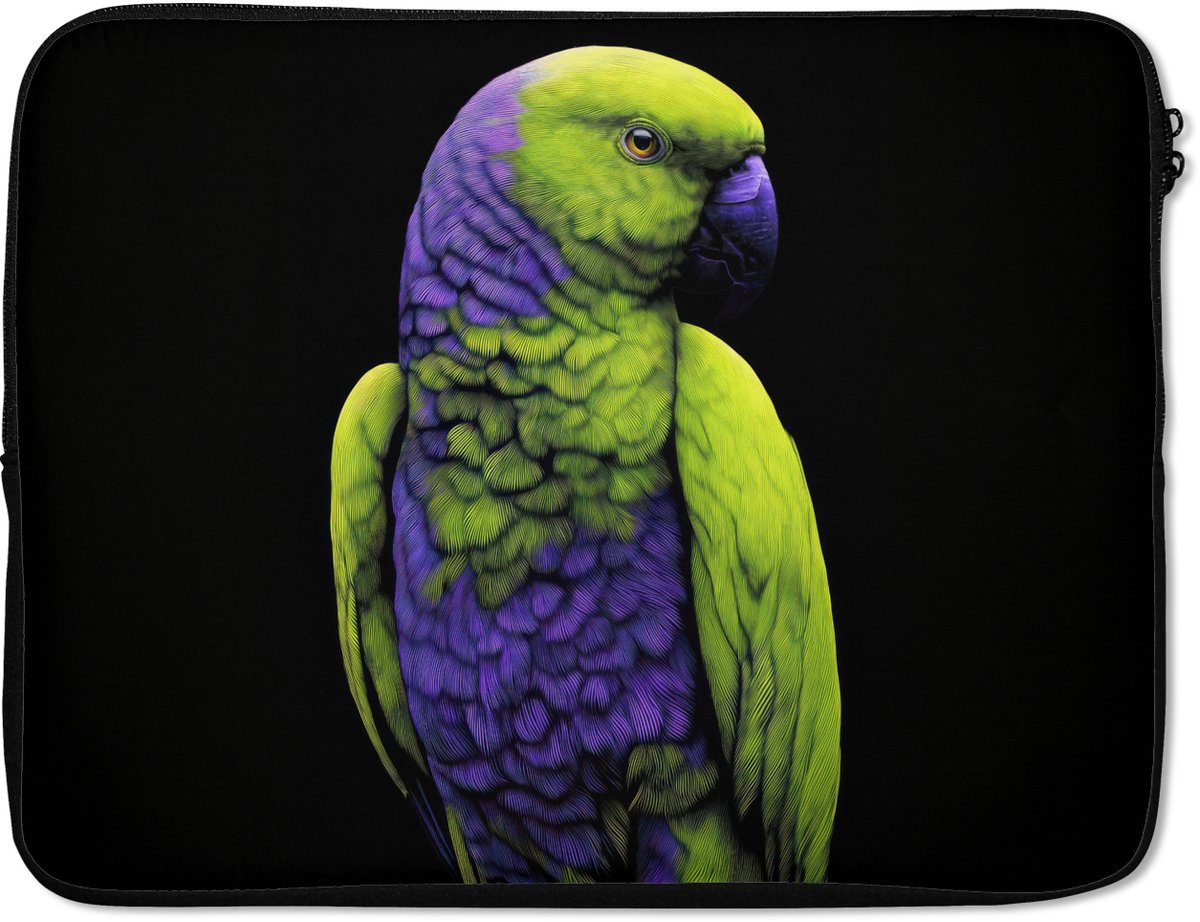 Laptophoes 17 inch - Papegaai - Veren - Opvallend - Groen - Laptop sleeve - Binnenmaat 41x28 cm - Zwarte achterkant