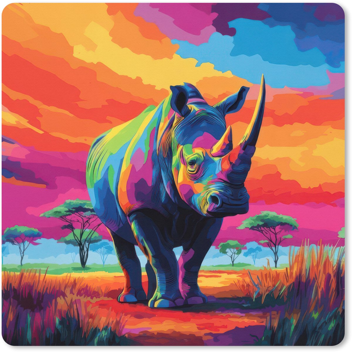 Muismat XXL 50x50 cm - Bureau onderlegger - Bureau mat Neushoorn - Zonsondergang - Savanna - Kleurrijk - Bureaumat - Gaming mousepad xl - Bureaulegger groot - Computer deskmat