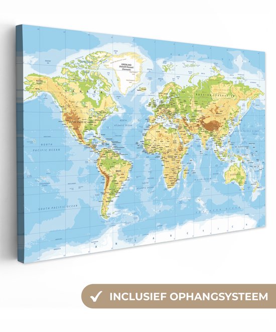 Une carte du monde avec des caractéristiques physiques telles que des montagnes et des océans, avec le texte 'INCLUSIEF OPHANGSYSTEEM'.