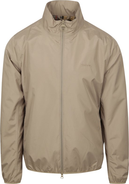 Veste Barbour beige entière avec fermeture éclair et logo brodé.