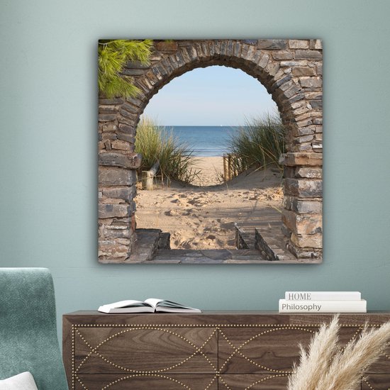 Canvas schilderij 90x90 cm - Wanddecoratie Doorkijk - Strand - Duin - Planten - Muurdecoratie woonkamer - Slaapkamer decoratie - Kamer accessoires - Schilderijen op canvas