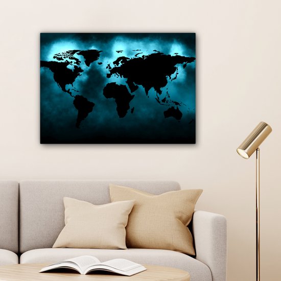 Wereldkaart Toile - 80x60 - Décoration murale Wereldkaart - Zwart - Blauw