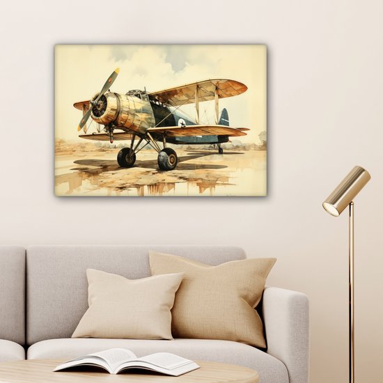 Peinture sur toile 80x60 cm - Décoration murale Vintage - Avion - Water - Beige - Véhicule - Décoration murale salon - Décoration chambre - Accessoires de chambre - Peintures