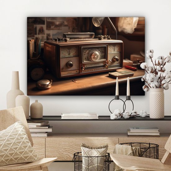 Tableau toile 60x40 cm - Décoration murale Vintage - Radio - Ancien - Bureau - Lampe - Décoration murale murale salon - Décoration chambre - Accessoires de chambre - Peintures