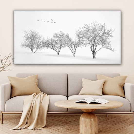 Canvas schilderij 160x80 cm - Wanddecoratie Bomen - Zwart wit - Natuur - Vogels - Muurdecoratie woonkamer - Slaapkamer decoratie - Kamer accessoires - Schilderijen op canvas