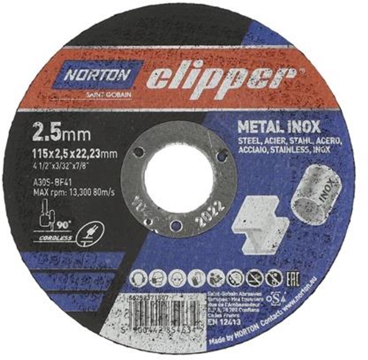 Trennschijf D115x2,5mm Type 41 Metaal-Inox Boring 22,23mm NORTON CLIPPER