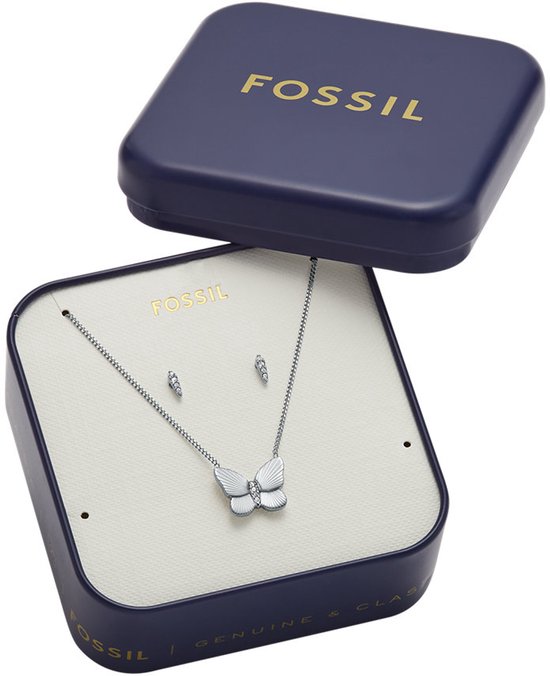 Fossil collier en oorbellen set in een donkerblauwe Fossil doos.