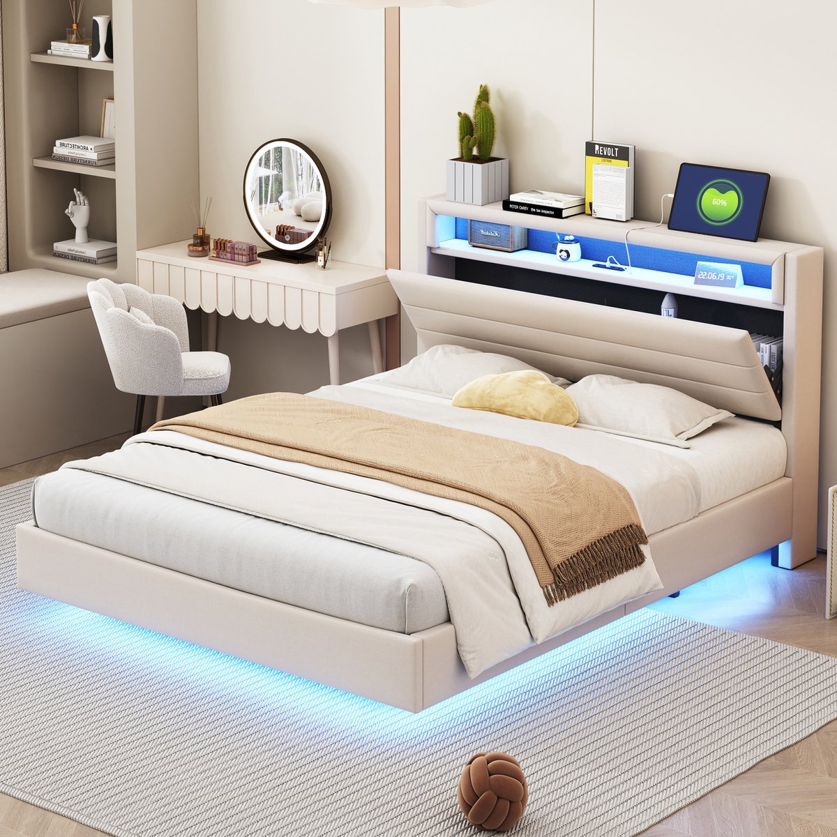 SINGULARITY-Gestoffeerd bed 140x200 cm met USB-aansluiting en LED-verlichting- omkeerbaar hoofdeinde- verborgen voeteneinde- tweepersoonsbed- beige- zonder matras