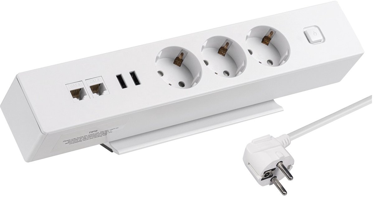 MaxTrack stekkerdoos met 3 contacten, 2x USB en 2x RJ45 - voor op bureau / wit - 1,8 meter