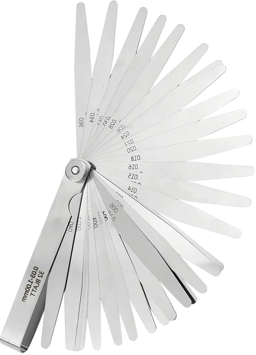 Allecto plus - Voelermaat ventielspel 32 vellen roestvrij staal meet spleetbreedtes 0,03-1,00 mm diktes zilverkleurig