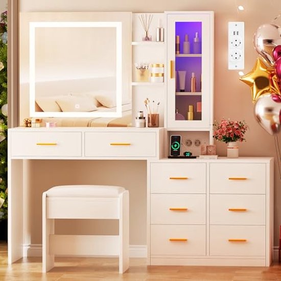 Kaptafel met LED Verlichting en Spiegel - Make-up Tafel met 9 Lades en