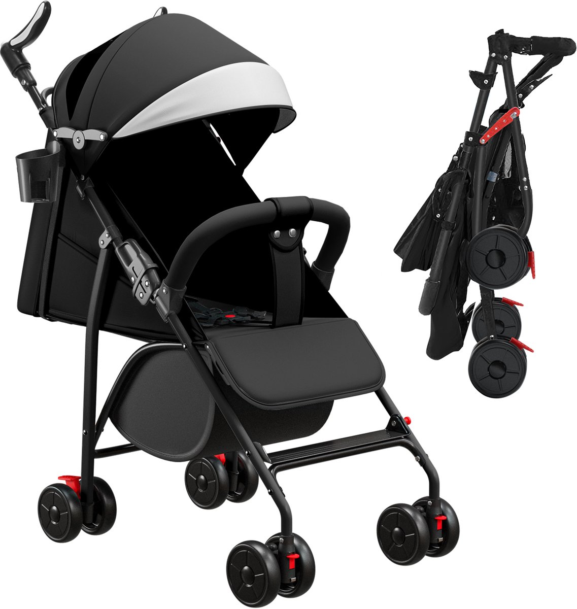 PIPIPOXER Kinderwagen Buggy Kinderbuggy Opvouwbaar Sportwagen 5-punts Veiligheidsgordel-Zwart