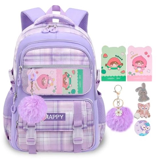Hanxiaocao Schooltassen voor meisjes, grote inhoud, waterbestendig, laptopvak, basisschool, middelbare school, universiteit, 31x19x45cm