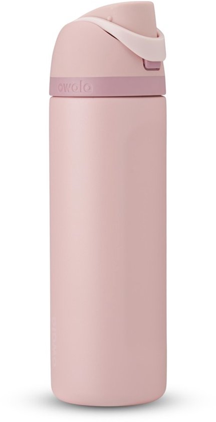 Roze Owala waterfles met gesloten dop, lichtroze lus en roze drukknoop.